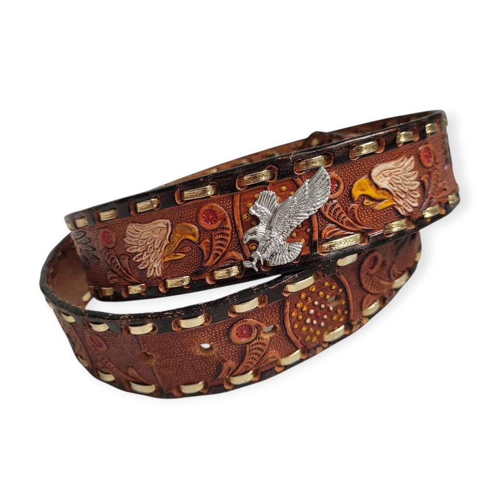 Vintage Western Rodeo Leather Belt Embossed Painted And Silver Eagle Accent 38
